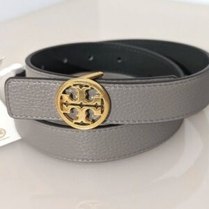 Tory Burch Reversible 1" Logo Buckle Belt Gray Heron Poblano Gold Green